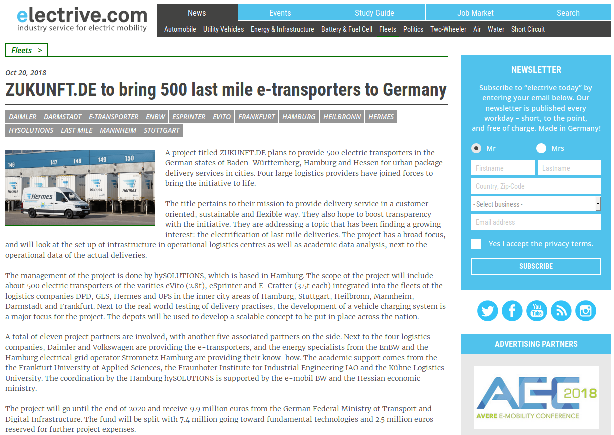 A project titled ZUKUNFT.DE plans to provide 500 electric transporters in the German states of Baden-Württemberg, Hamburg and Hessen for urban package delivery services in cities. 